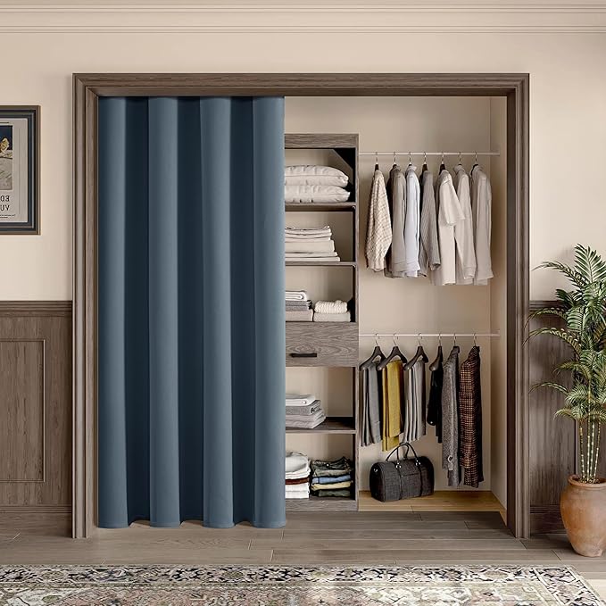 ChrisDowa Blackout Door Curtains for Doorway Privacy, Grommet Closet Curtains for bedroom closet door, Thermal Insulated Temporary Doorway Cover Room Divider Drapes (1 Panel, Stone Blue, 52 x 80 Inch)