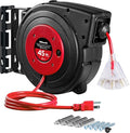 Retractable Extension Cord Reel, 45 FT Heavy Duty Power Cord, 12AWG/3C SJTOW, 3 Grounded Outlets Lighted Triple Tap, 15 Amp Circuit Breaker, UL Listed, Red R45CR06