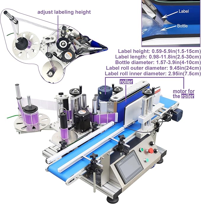 TECHTONGDA Automatic Round Bottle Labeling Machine with Conveyor Bottle Diameter 1.57-3.9inch for Paper Label Gold Label Silver Label Transparent Label