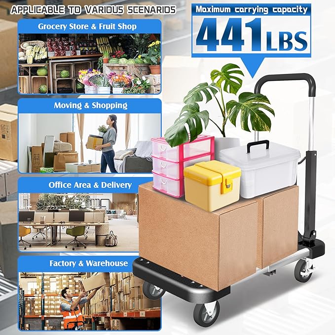WarmyouHaul Pro Folding Hand Truck, 441LBS Capacity, Adjustable Platform (24-30") & Handle (28-35") 4" Rubber Wheels with 360° Swivel & Parking Brake, for Moving, Apartment, Warehouse, Commercial Use
