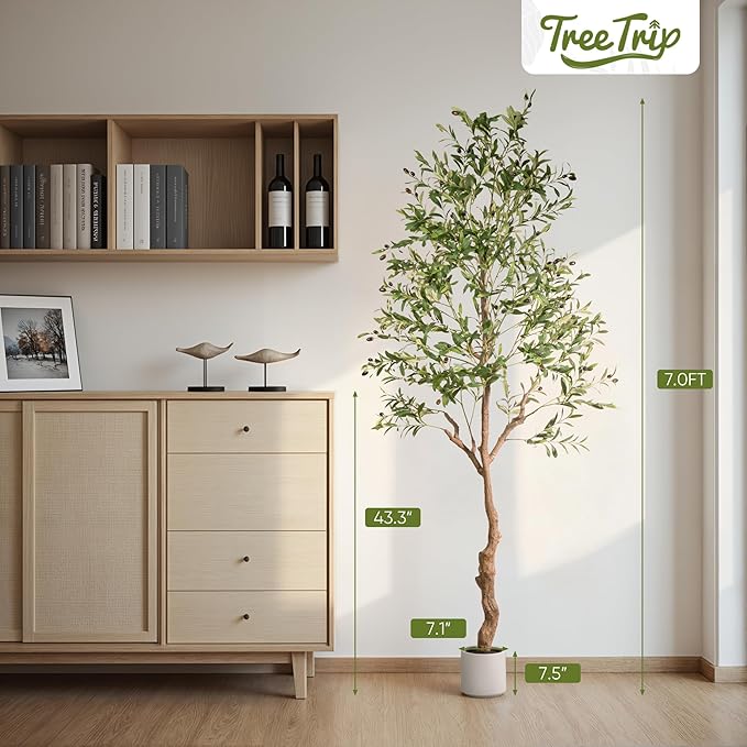 Artificial Olive Tree 7FT, Tall Faux Olive Trees with White Pot for Indoor Outdoor, Realistic Potted Plant Natural Wood Trunk, Leaves and Fruits for Home Office Decor (1, 7FT)