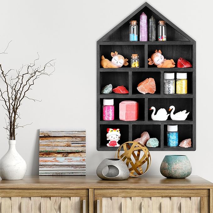 House Shaped Wooden Shadow Cubby Box 10 W x 2 1/4 D x 15 H Hanging Display Shelf Organizer Wall Mounted Curio Cabinet Wooden Display Case Miniature Shelf for Figures(Black)