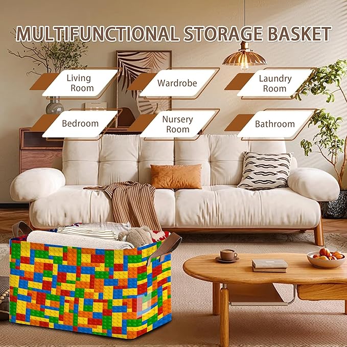 Colorful Building Blocks Storage Basket Large 17x11.5x10.5 Inche-Collapsible Fabric Organizer Bin with Handles for Kids Room, Toys, Playroom-Decorative Hamper with Educational Block-Single Pack