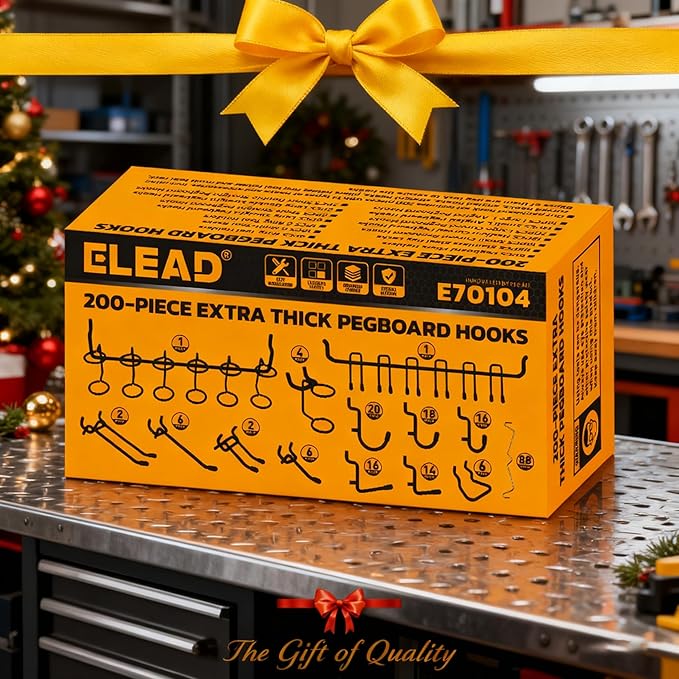ELEAD 200-Piece Extra Thick Pegboard Hooks Set, 1/4" Heavy Duty Black Peg Board Organizer Accessories, Metal Pegboard Accessories with Pegs Lock, Peg Board Hooks for Hanging