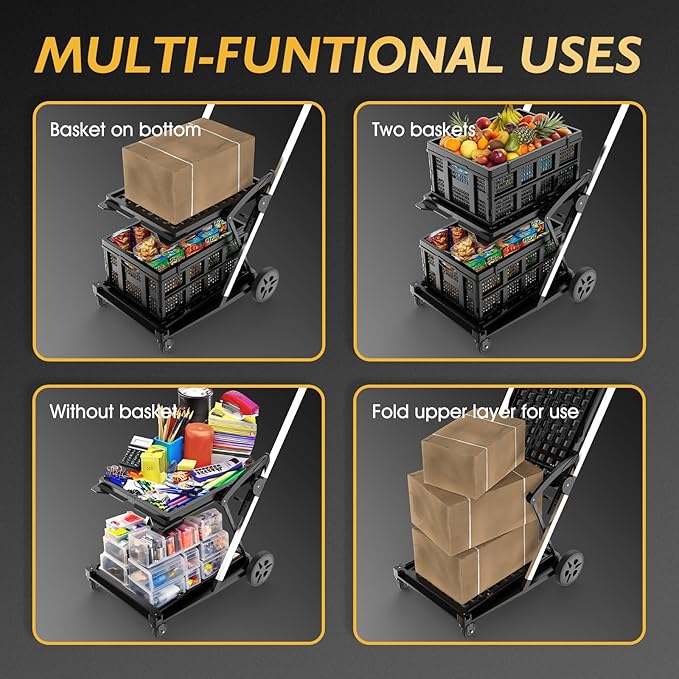 TOOLIOM 2-Tier Collapsible Shopping Cart with Brake Wheels & 2 Folding Baskets, Multi-Use Mobile Trolley for Grocery, Luggage & Office