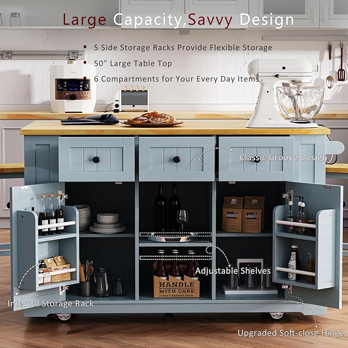 Yayzy Rolling Kitchen Island with 2 Bar Stools, Drop Leaf & Power Outlet, Large Kitchen Islands Cart on Wheels, Movable Kitchen Island with 5 Open Shelves & Towel Rack for Dining Room, 53″, Grey Blue