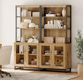 WAMPAT 2 PCS Modern 72" Tall Bookcases with Glass Doors and Adjustable Shelves, Library Book Shelf with Storage Cabinet and Open Book Shelfs, Wood Bookshelves for Home Office, Living Room, Oak