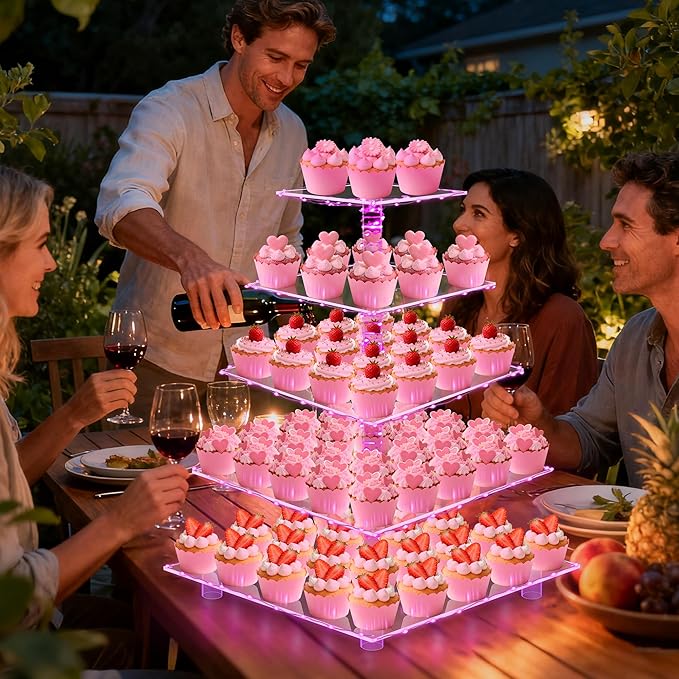YestBuy Cupcake Stand with Pink Lights – 5 Tier Premium Cupcake Holder – Acrylic Cupcake Tower Display Stand – Cady Bar Party Décor –Acrylic Display for Pastry + LED Light String – Ideal for Weddings, Birthday (Pink)
