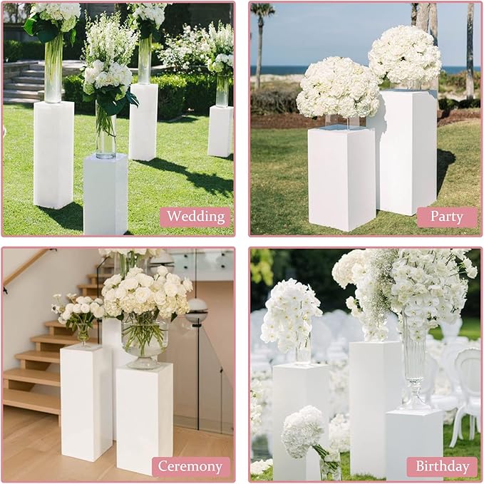 HAISIWLKJ 3PCS Square Pedestal Stands for Parties, White Metal Square Plinths Dessert Table Cube Display Pillars for Birthday Wedding Bridal Baby Shower Party Decorations(Small)