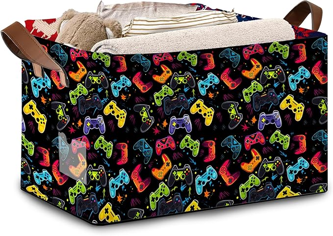 Game Controller Storage Basket Large 17x11.5x10.5 Inche-Collapsible Fabric Organizer Bin with Handles for Gaming Room, Toys, Electronics-Foldable Decorative Hamper with Video Game Design-Single Pack