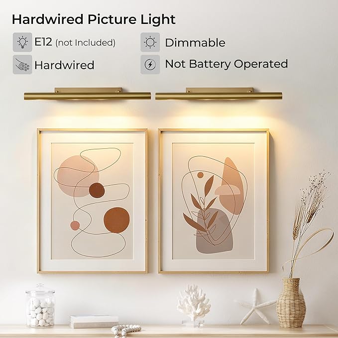 Picture Light, 30 inch Brass Picture Lights for Wall,Hardwired Brushed Gold Picture Lights,270° Rotatable Art Lights, 4-Light Picture Frame Light for Painting Display Artwork Portrait No Bulbs