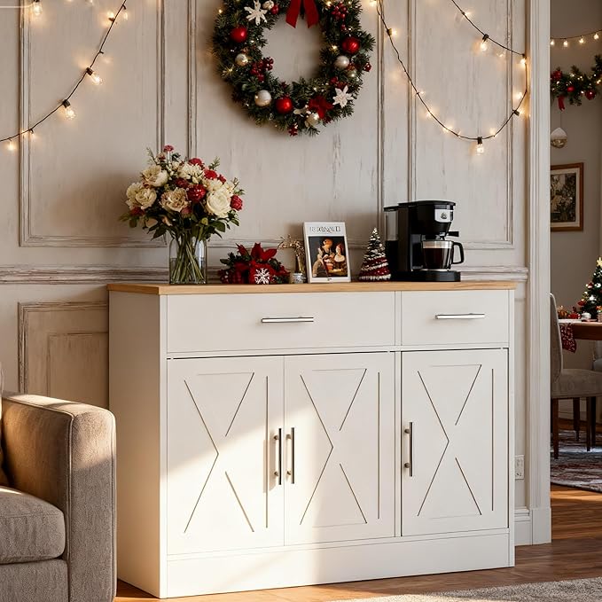 SUNLEI Sideboard Buffet with Storage, Farmhouse Kitchen Cabinet with 3 Doors and 2 Drawers, Coffee Bar Cabinet with Storage for Living Room, White