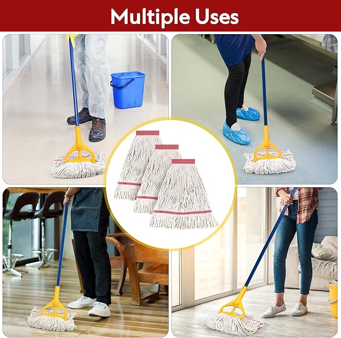 MATTHEW CLEANING Heavy Duty Mop Head Commercial Replacement for General and Floor Cleaning, Wet Industrial Blue Cotton Looped End String Head Refill (Pack of 6) White