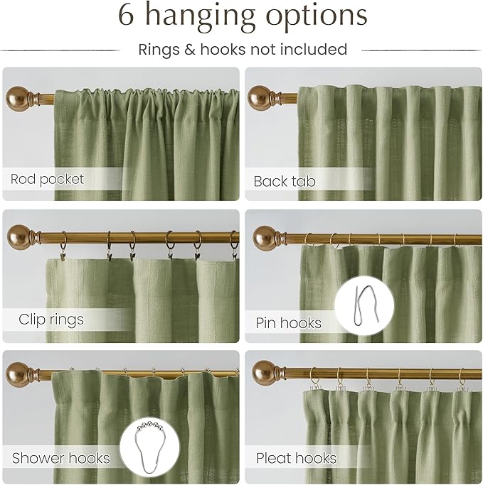 NICETOWN Linen Sage Green Curtains Waffle Weave for Bedroom, Privacy Jacquard Drapes Light Filtering Window Treatments for Living Room, Angora, W52 x L90, 2 Panels