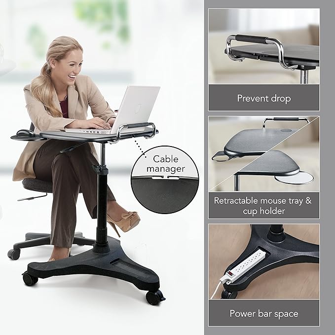 EHO Mobile Laptop Desk Cart with Wheels, Height Adjustable Standing Desk with Pneumatic Lift, Rolling Workstation with Mouse Tray and Cup Holder, Portable Table for Home Office or Classroom