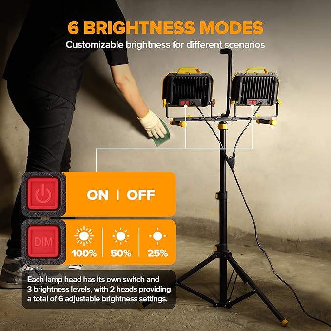 LUTEC 25000 Lumen LED Work Lights with Stand, Dual Head Dimmable Work Light with 6 Brightness Levels, IP65 Waterproof Rotating WorkLights with Telescoping Tripod and 8.2 Ft 3-Prong Power Cord