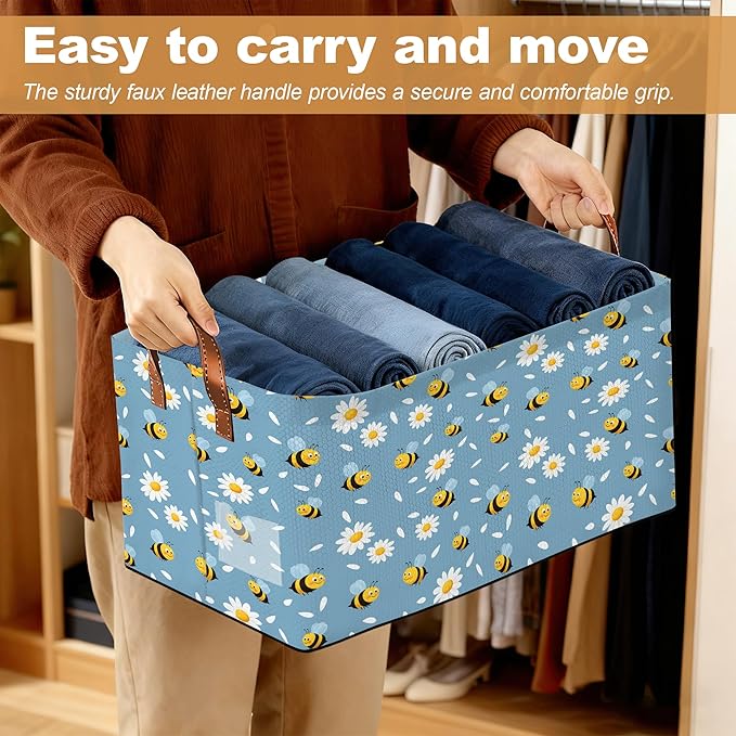 32L Large Storage Bins with Handles, Basket Organizer for Shelves, Closet, Books, Laundry & Home Decor (Bee Daisy)