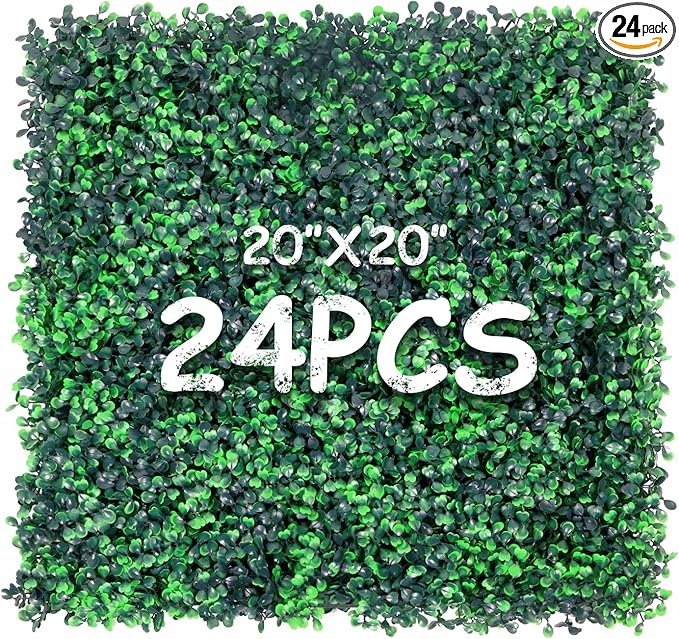 20''x20'' 24 Pieces (66.6 Sq.Ft) Artificial Hedge Boxwood Panels UV Protected Faux Topiary Grass Wall Panels Green Greenery Hedge Plants Backdrop for Indoor Outdoor Garden Backyard Patio
