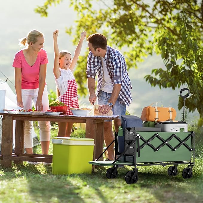 Collapsible Wagon with Wheels & Tailgate, 350LBS Wagons Carts Foldable Heavy Duty, Lightweight Portable Folding Utility Wagon Grocery Shopping Cart for Garden, Camping, Beach (Green)