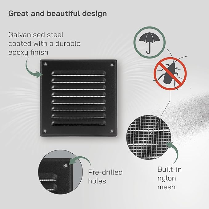 Vent Systems - 5 x 5 Inch (Inner) Pack of 2 Black Metal Square Soffit Air Vent Grille Cover, Register Vent Deflector Louver Built-in Mesh HVAC for Bathroom Home Office Kitchen 6.5" x 6.5" (Outer)
