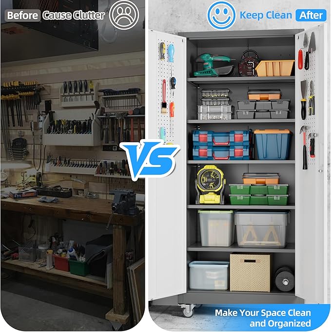 Metal Garage Storage Cabinet with Wheels, 71" H×32" W×16" D Metal Storage Cabinet with 5 Adjustable Shelves,Pegboard and Lockable Doors for Garage Home Office Utility Room,Required Assembly