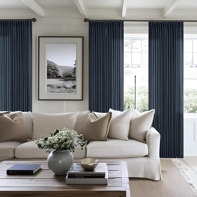Navy 90 Inch Linen Curtains Pinch Pleated for Living Room Bedroom Dining Boho Modern Light Filtering Pinch Pleat Drapes Hooks Rings Back Tab Semi Sheer Dark Blue Indigo Window Curtains 2 Panels