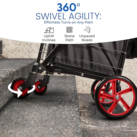 SereneLife Small Compact Folding Shopping Cart with Removable Waterproof Liner – 360° Swivel Wheels, Rust‑Proof Steel Frame, 70 lb Capacity – Portable Grocery, Laundry & Travel Cart (Red)