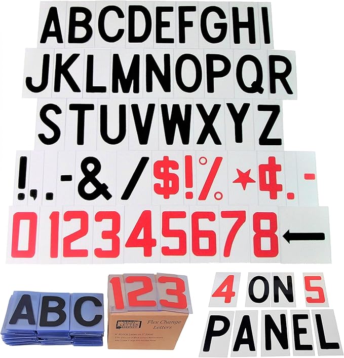 4" Flex Changeable Sign Letters on 5" Clear Panels – Black Letters & Red Numbers – Fits A-Frame, Sidewalk & Portable Signs – Made in USA