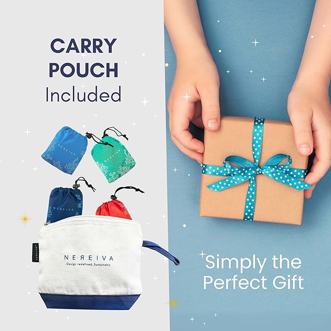 4 Pack Foldable Grocery Bags into Tiny Pouch - Large Capacity Multi-Color, Great for Travel, Durable, Washable Packable Shopping Bag, Comes with a carry pouch, Lightweight