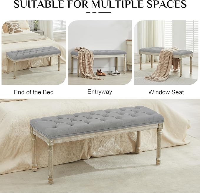 LOULENS 43.9" Linen Fabric End of Bed Bench, Vintage French Upholstered Button Tufted Entry Bench, Window Seat with Carved Wood Legs for Bedroom, Living Room, Entryway, Foyer, Hallway, Light Grey