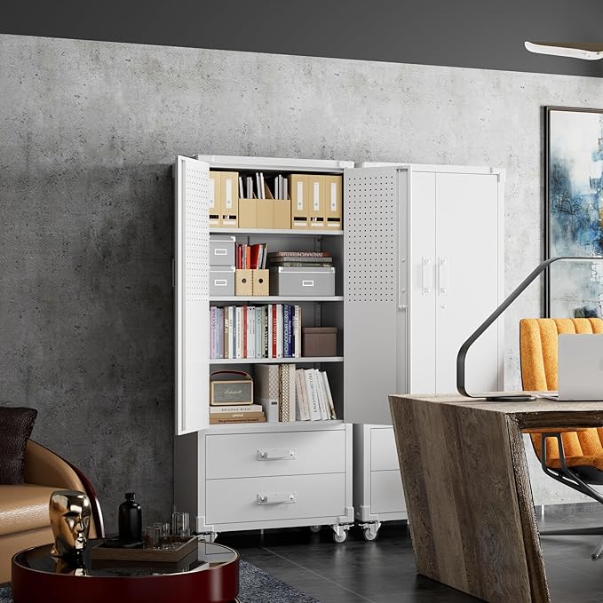 Garage Storage Cabinet with 2 Drawers and Pegboard, Metal Storage Cabinet with 2 Lockable Doors for Garage Home Office,Required Assembly,White,71.2" H*15.2" D*30" W