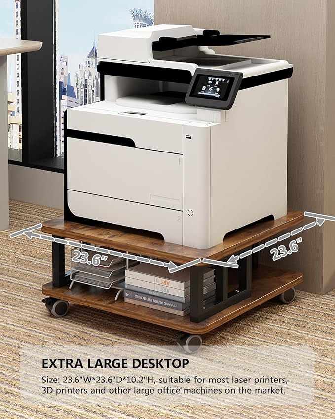 Mobile Printer Stand, 2-Tier Large Printer Shelf for Laser 3D Printer Office Machine with Storage, 23.6"x23.6" Wood Printer Cart Under Desk Rack with Wheels for Office Home Kitchen (Brown)