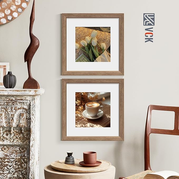 VCK 12x12 Picture Frame 2 Pack - Walnut, High-End Wood Poster Frames with Tempered Glass, Display 8x8 Photo with Mat or 12x12 without Mat, Art Gallery-Quality, Wall Hanging, Walnut