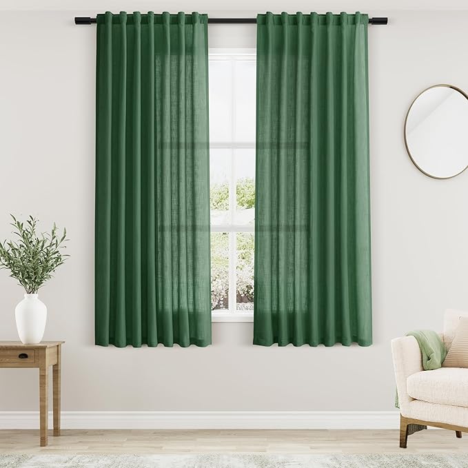 Nanspring Green Linen Curtains 63 Inches Length 2 Panels Set for Living Room Back Tab Pocket Modern Light Filtering Semi Sheer Drapes Cotton Linen Textured Green Window Curtain 52X63 Inches