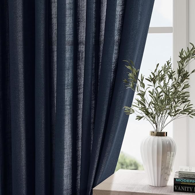 Navy Blue Boho Curtains for Bedroom Back Tab Rod Pocket Semi Sheer Linen Curtains 90 Inches Long 2 Panel Set Light Filtering Neutral Indigo Blue Farmhouse Drapes for Living Room 40x90 Inches