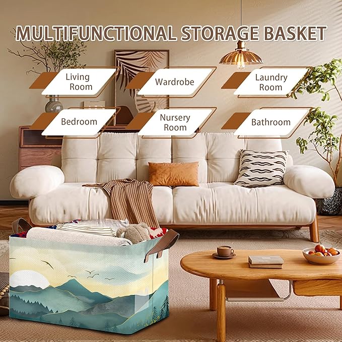 Sun Mountains Storage Basket Large 17x11.5x10.5 Inches - Collapsible Fabric Organizer Bin with Handles for Living Room, Bedroom, Blankets - Decorative Hamper with Scenic Mountain Design - Single Pack