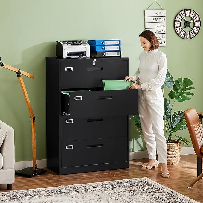 Letaya File Cabinets,4 Drawer Metal Lateral Filing Organization Storage Cabinets with Lock,Home Office for Hanging Files Letter/Legal/F4/A4 Size (Require Assembly)