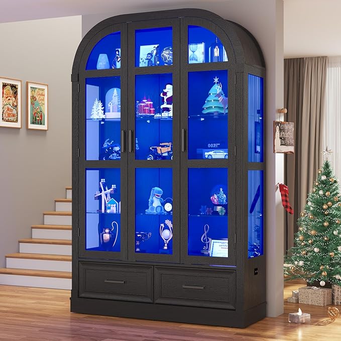 Arched Display Cabinet with 3 Glass Doors,5-Tier Curio Cabinet W/3 Color Lights for Collectibles,78'' Tall Curio Cabinet W/2 Drawers,Modern Display Case W/Human Body Sensor for Living/Game Room,Black