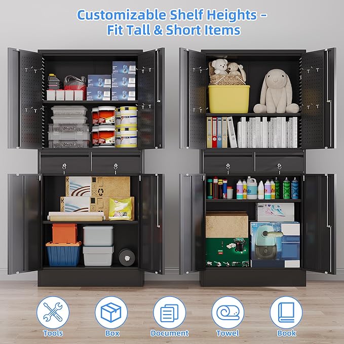 Aobabo 71" H 2 Drawer Metal Storage Cabinet with Wheels and 4 Pegboards,Lockable Steel Garage Storage Cabinet with 2 Adjustable Shelves,Black,Assembly Required