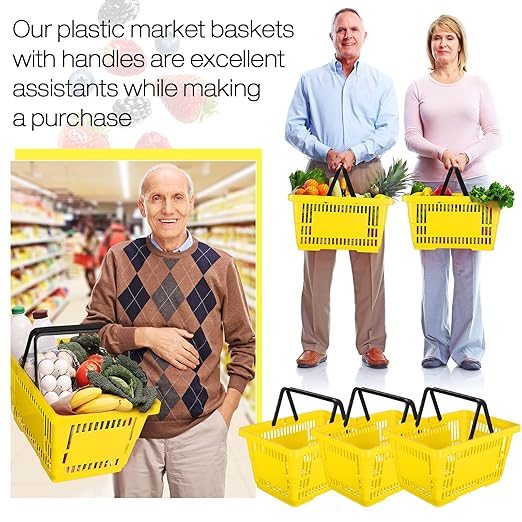 12 Pcs Shopping Baskets 20 L Plastic Store Retail Baskets with Handles 16.9 * 11.8 * 9.1 Inches for Market Grocery Supplies Thrift Convenience Storage(Yellow)