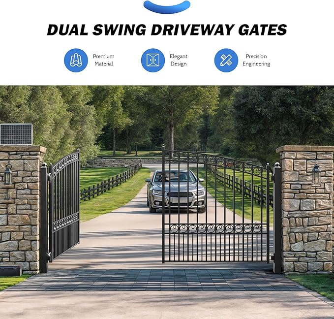 ZUMI Dual Swing Driveway Gate, 12x6 ft. Outdoor Steel Fence for Home Security, Heavy-Duty Weatherproof Iron Kit, Opera Style