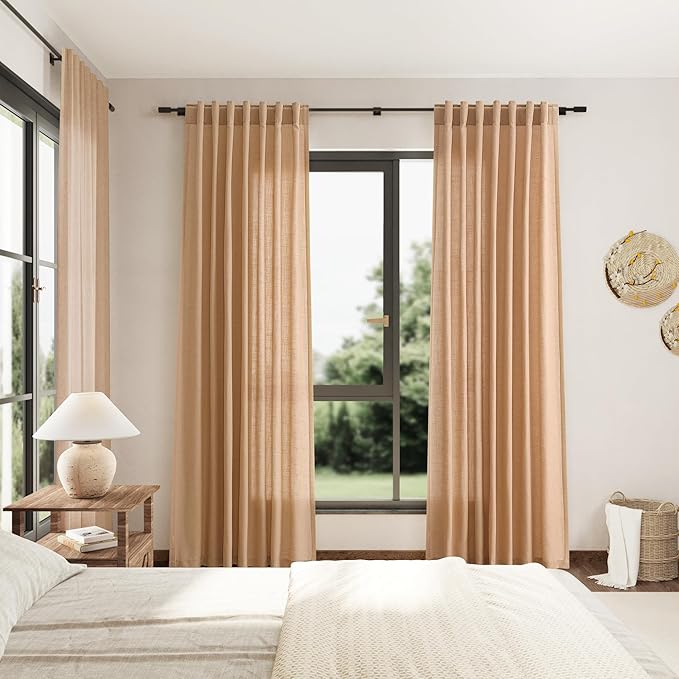 Nanspring Camel Linen Semi Sheer Curtains 2 Panels Set for Living Room Back Tab Rod Pocket Window Drapes Light Filtering Elegant Farmhouse Curtain 100 Inches Long for Dining Room Bedroom 52x100