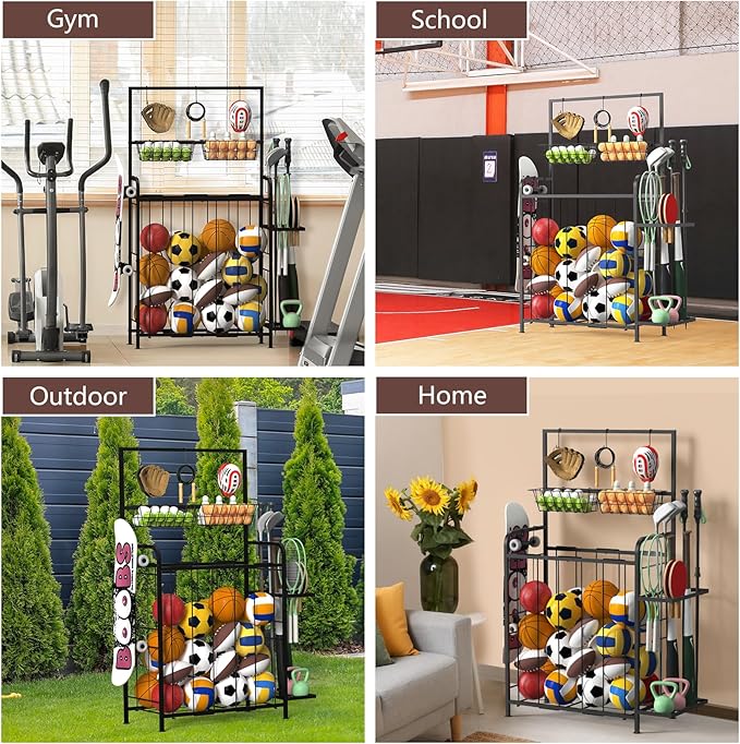 HEOMU Sports Equipment Organizer, Ball Organizer with Elastic Rope and Side Rack, Garage Ball Storage with 5 Hooks and 2 Baskets, Basketball Rack for Garage, Gym, Indoor or Outdoor, Black