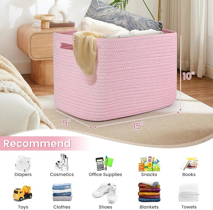 Shelf Woven Storage Basket, 15 x 10 x 9” Closet Rope Baskets For Organizing, Square Bins with Handles, Pink 1 Pack