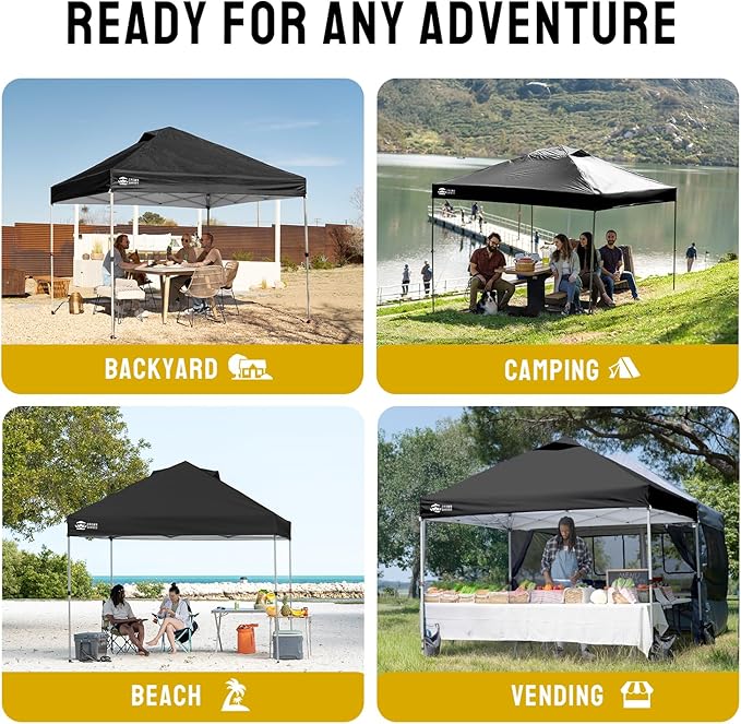 CROWN SHADES 12x12 Pop Up Canopy Outside Canopy, Patented One Push Tent Canopy with Wheeled Carry Bag, Bonus 8 Stakes and 4 Ropes, Black