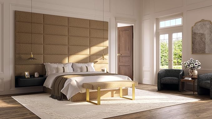 VANT Upholstered Bed Bench - Ribbed Taupe - Burnished Brass - Contemporary Modern, Bedroom Bench Seat, Hallway, or Entryway