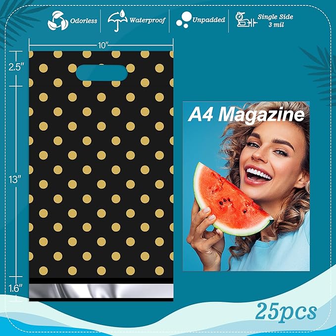 JinRuiKJ Poly Mailers with Handle 10x13 Inch 100 Pcs, Easy to Carry Packaging Bags for Small Business, Thank You Shipping Bags with Self Adhesive Strip, Tearproof and Waterproof - Gold Polka Dot