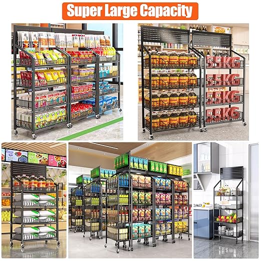 5 Tier Supermaket Snack Rack Display Stand, Free-Standing Black Retail Display Shelves with 12 Hooks & 4 Wheels, Large Metal Snack Shelf for Store Business