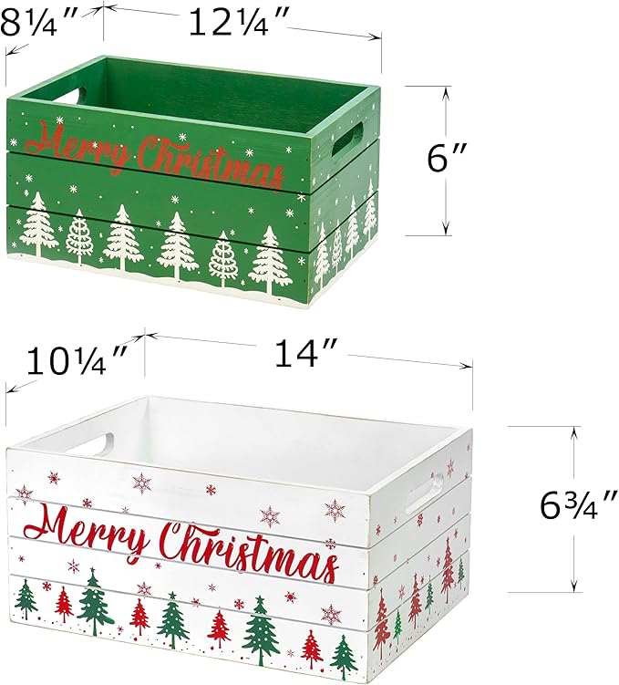 Red Co. Set of 2 White and Green Decorative Nesting Wooden Merry Christmas Storage Crate Organizers with Red Lettering