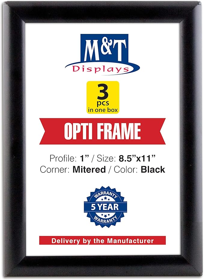 M&T Displays Opti Snap Poster Frame 8.5x11 Inch Black 1" Aluminum Profile Front Loading Wall Mounting Photo Picture Document Certificate Sign Holder Mitered Corner Anti Glare Cover (3 pack)